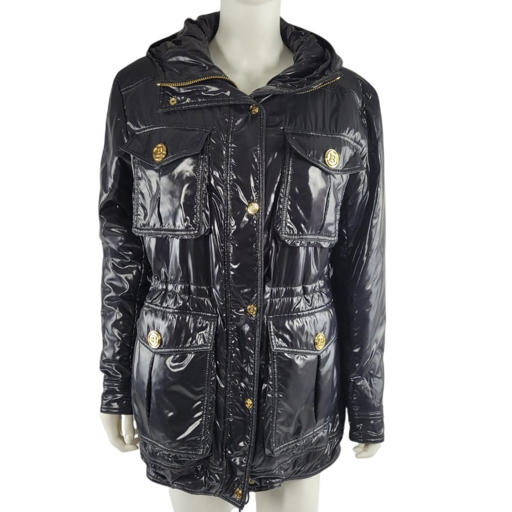NEW Balmain Black Hooded Padded Glossed-shell Jacket